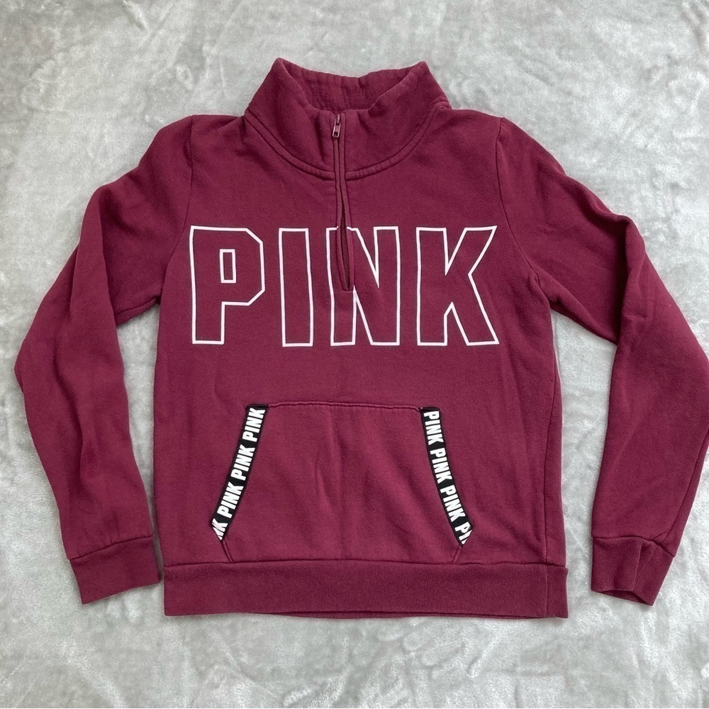 PINK Victoria's Secret Maroon Quarter Zip Pullover Kangaroo Pocket Sweatshirt M
